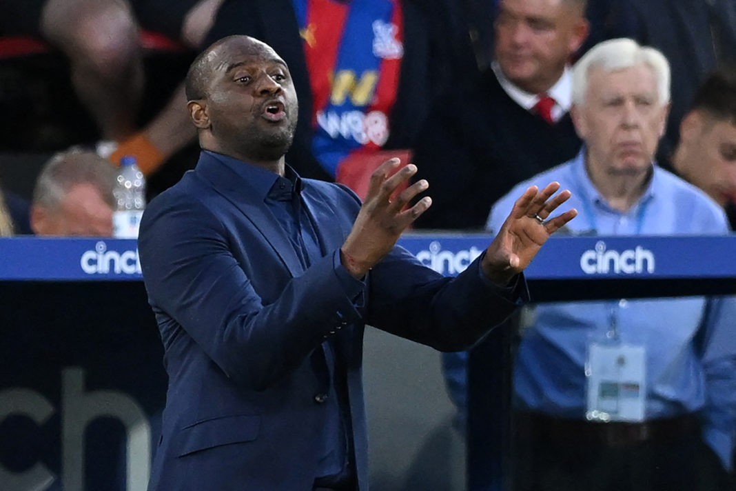 Crystal Palace's French manager Patrick Vieira gestures on the touchline during the English Premier League football match between Crystal Palace and Arsenal at Selhurst Park in south London on August 5, 2022. - RESTRICTED TO EDITORIAL USE. No use with unauthorized audio, video, data, fixture lists, club/league logos or 'live' services. Online in-match use limited to 120 images. An additional 40 images may be used in extra time. No video emulation. Social media in-match use limited to 120 images. An additional 40 images may be used in extra time. No use in betting publications, games or single club/league/player publications. (Photo by JUSTIN TALLIS/AFP via Getty Images)