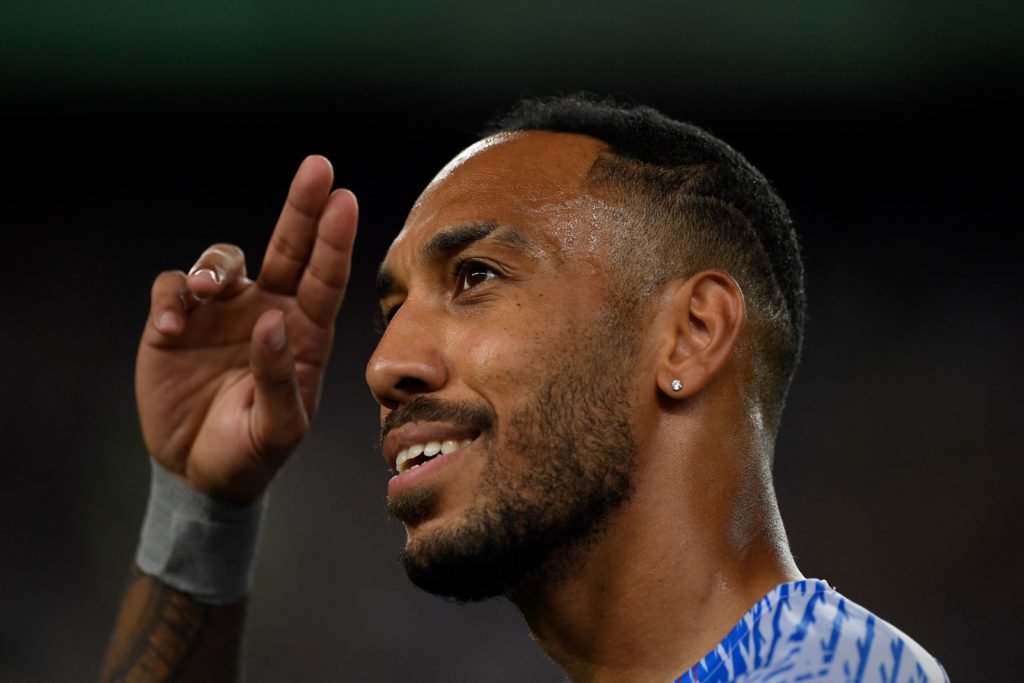 Barcelona's Gabonese midfielder Pierre-Emerick Aubameyang gestures before the start of the friendly football match between FC Barcelona and Manchester City, at the Camp Nou stadium in Barcelona on August 24, 2022. (Photo by Josep LAGO / AFP)