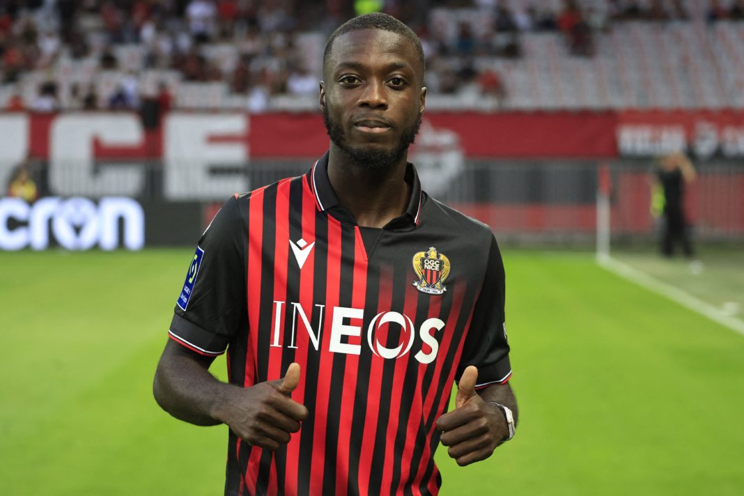 Nice's new recruit Ivorian forward Nicolas Pepe is presented during the UEFA Conference League play-off second leg football match between OGC Nice and Maccabi Tel-Aviv FC at the Allianz Riviera stadium in Nice on August 25, 2022. - Nice's new recrue Pepe (Photo by Valery HACHE / AFP) (Photo by VALERY HACHE/AFP via Getty Images)