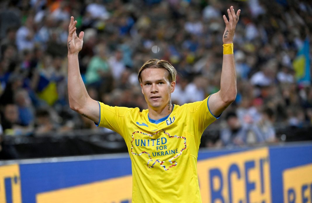 Ukraine's midfielder Mykhaylo Mudryk reacts during the friendly football match between German first division Bundesliga club Borussia Moenchengladbach and Ukraine's national football team on May 11, 2022. (Photo by INA FASSBENDER/AFP via Getty Images)