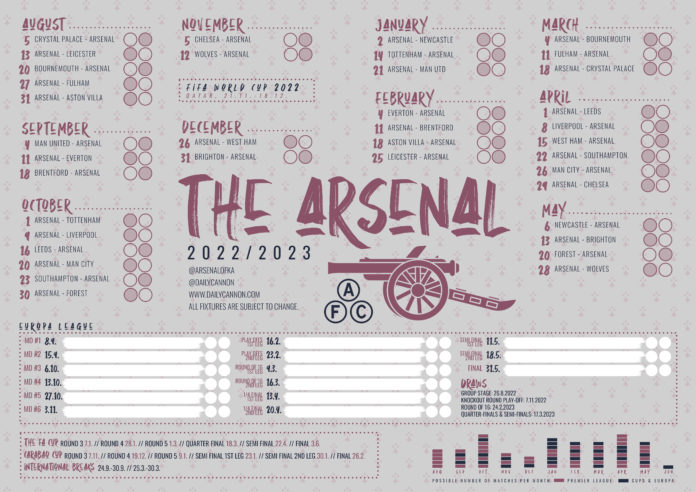 Free Arsenal 2022/23 fixtures printable wallcharts