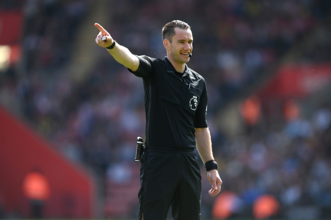 SOUTHAMPTON, ENGLAND - APRIL 30: Referee Jarred Gillett in action during the Premier League match between Southampton and Crystal Palace at St Mary's Stadium on April 30, 2022 in Southampton, England. (Photo by Mike Hewitt/Getty Images)