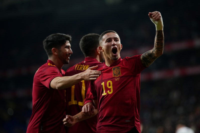 BARCELONA, SPAIN - MARCH 26: Yeremy Pino celebrates after Ferran Torres of Spain (obscured) scored their sides first goal during the International Friendly match between Spain and Albania at RCDE Stadium on March 26, 2022 in Barcelona, Spain.  (Photo by Alex Caparros/Getty Images)