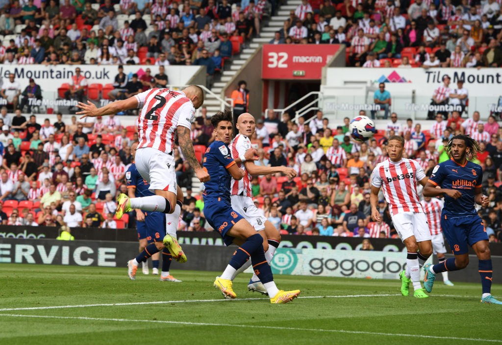 STOKE ON TRENT, ENGLAND: Harry Clarke of Stoke City scoring the first goal of the match during the Sky Bet Championship match between Stoke City and Blackpool at Bet365 Stadium on August 06, 2022. (Photo by Tony Marshall/Getty Images)