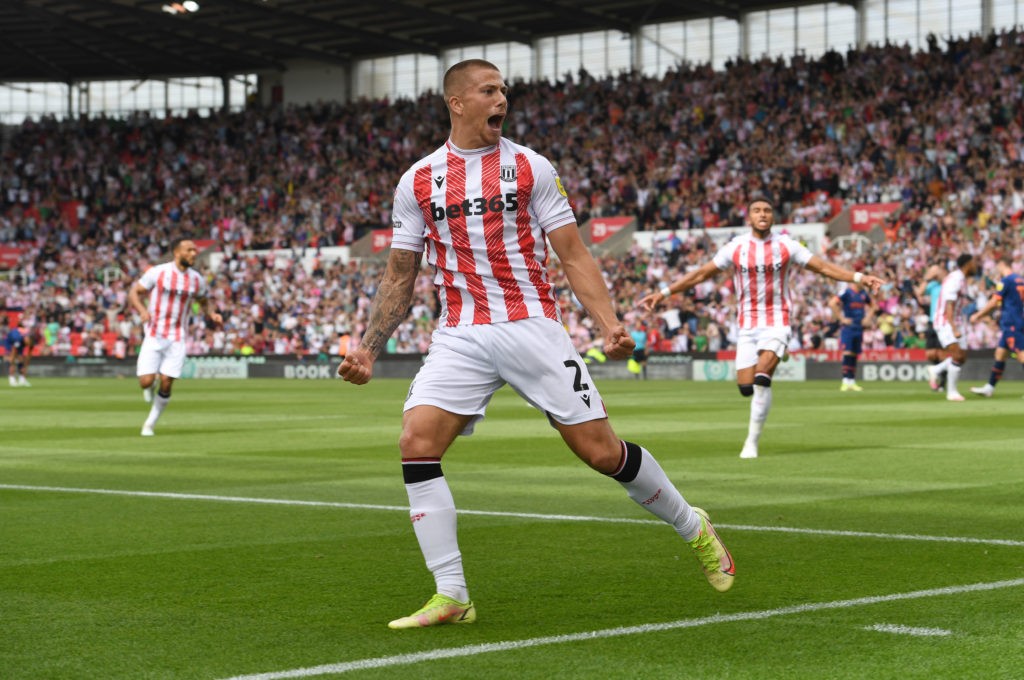 STOKE ON TRENT, ENGLAND: Harry Clarke of Stoke City celebrates scoring the first goal during the Sky Bet Championship match between Stoke City and Blackpool at Bet365 Stadium on August 06, 2022. (Photo by Tony Marshall/Getty Images)