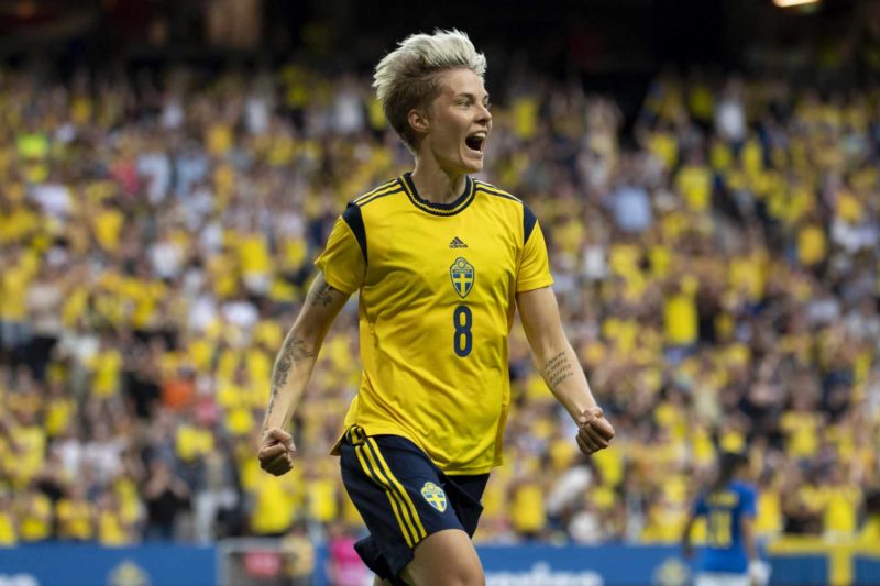 SOLNA, SWEDEN - JUNE 28: Lina Hurtig of Sweden celebrates after scoring the 2-1 goal during the Women's International Friendly match between Sweden and Brazil at Friends Arena on June 28, 2022 in Solna, Sweden. (Photo by David Lidstrom/Getty Images)