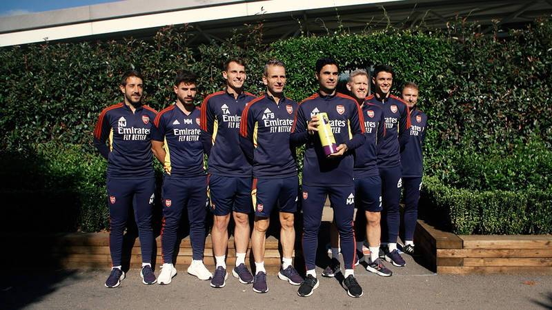 Mikel Arteta and his coaching team with the Premier League Manager of the Month award (Photo via Arsenal)