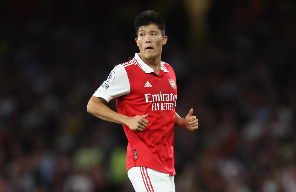 LONDON, ENGLAND - AUGUST 31: Takehiro Tomiyasu of Arsenal during the Premier League match between Arsenal FC and Aston Villa at Emirates Stadium on August 31, 2022 in London, England. (Photo by Catherine Ivill/Getty Images)