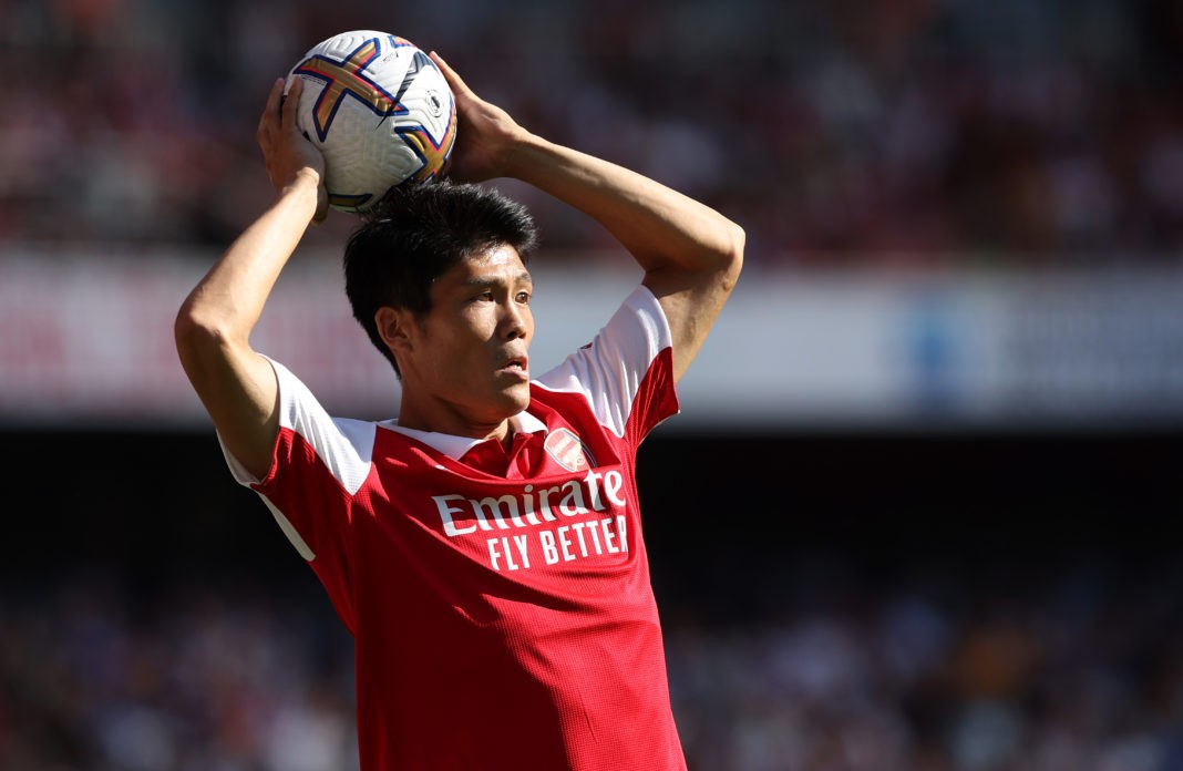 LONDON, ENGLAND - AUGUST 13: Takehiro Tomiyasu of Arsenal during the Premier League match between Arsenal FC and Leicester City at Emirates Stadium on August 13, 2022 in London, England. (Photo by Julian Finney/Getty Images)