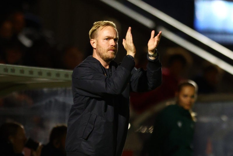 BOREHAMWOOD, ENGLAND - SEPTEMBER 20: Jonas Eidevall, Manager of Arsenal reacts during the UEFA Women´s Champions League Second Qualifying Round First Leg match between Arsenal and AFC Ajax at Meadow Park on September 20, 2022 in Borehamwood, England. (Photo by Clive Rose/Getty Images)