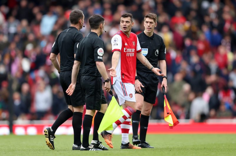 LONDON, ENGLAND - APRIL 09: Granit Xhaka of Arsenal complains to referee David Coote after their sides goal was ruled out by VAR for offside during the Premier League match between Arsenal and Brighton & Hove Albion at Emirates Stadium on April 09, 2022 in London, England. (Photo by Warren Little/Getty Images)