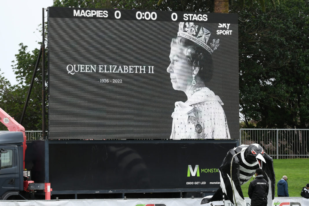 NAPIER, NEW ZEALAND - SEPTEMBER 10: A tribute is paid to the late Queen Elizabeth II before the round six Bunnings NPC match between Hawke's Bay and Southland at McLean Park, on September 10, 2022, in Napier, New Zealand. (Photo by Kerry Marshall/Getty Images)