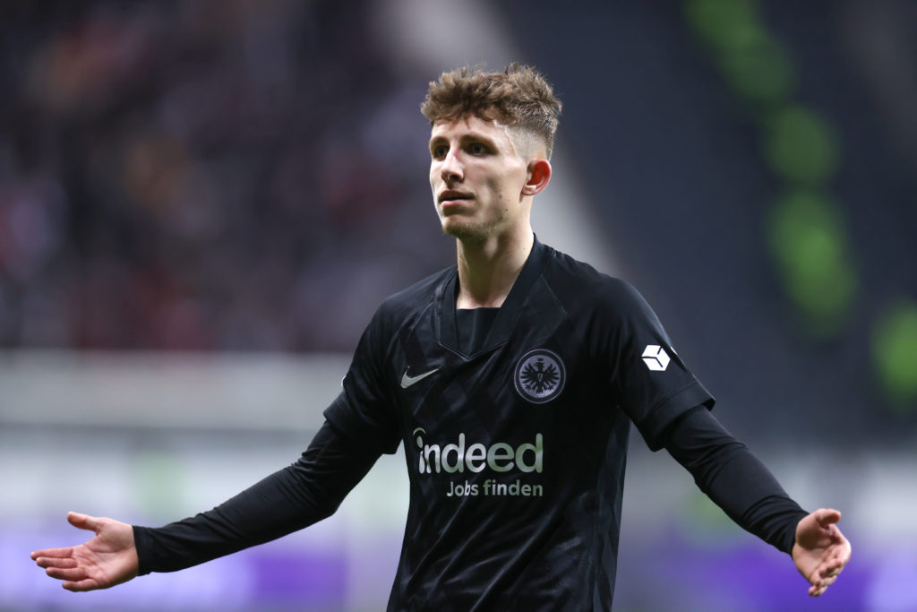 FRANKFURT AM MAIN, GERMANY - MARCH 17: Jesper Lindstrom of Frankfurt reacts during the UEFA Europa League Round of 16 Leg Two match between Eintracht Frankfurt and Real Betis at Football Arena Frankfurt on March 17, 2022 in Frankfurt am Main, Germany. (Photo by Alex Grimm/Getty Images)