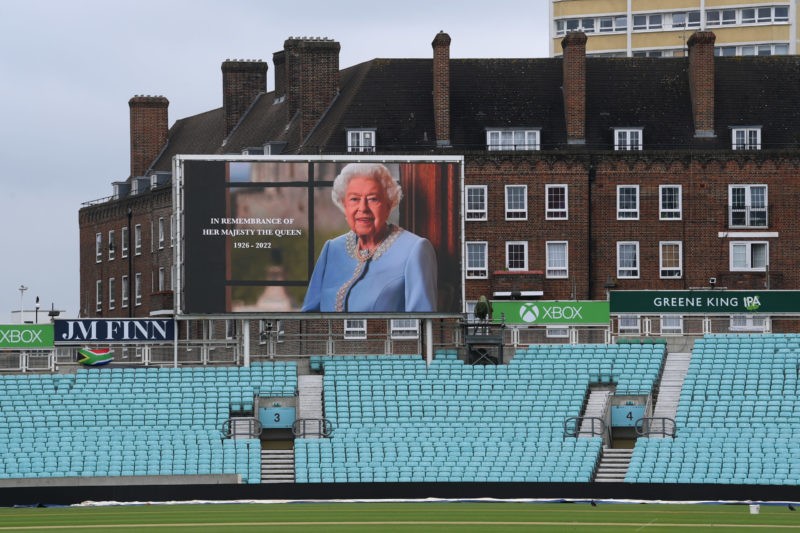 LONDON, ENGLAND - SEPTEMBER 09: The second day of the 3rd Test match between England and South Africa is cancelled at The Kia Oval on September 09, 2022 in London, England. Elizabeth Alexandra Mary Windsor was born in Bruton Street, Mayfair, London on 21 April 1926. She married Prince Philip in 1947 and acceded the throne of the United Kingdom and Commonwealth on 6 February 1952 after the death of her Father, King George VI. Queen Elizabeth II died at Balmoral Castle in Scotland on September 8, 2022, and is succeeded by her eldest son, King Charles III. (Photo by Mike Hewitt/Getty Images)