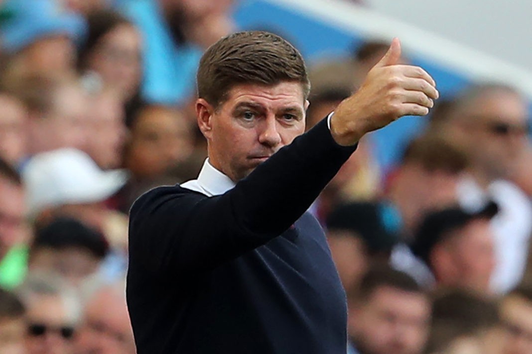 Aston Villa's English head coach Steven Gerrard gestures on the touchline during the English Premier League football match between Aston Villa and West Ham Utd at Villa Park in Birmingham, central England on August 28, 2022. (Photo by GEOFF CADDICK/AFP via Getty Images)