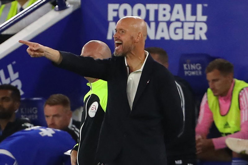 Manchester United's Dutch manager Erik ten Hag gestures on the touchline during the English Premier League football match between Leicester City and Manchester United at King Power Stadium in Leicester, central England on September 1, 2022..(Photo by GEOFF CADDICK/AFP via Getty Images)