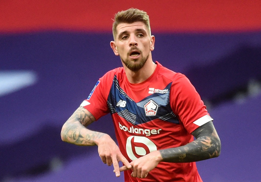Lille's Portuguese midfielder Xeka celebrates after scoring a goal during the French L1 football match between Lille LOSC and Nimes Olympique at the Pierre Mauroy Stadium in Villeneuve d'Ascq on March 21, 2021. (Photo by FRANCOIS LO PRESTI / AFP) (Photo by FRANCOIS LO PRESTI/AFP via Getty Images)