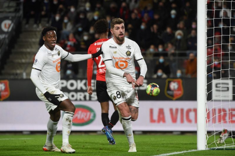 Lille's Portuguese midfielder Xeka celebrates scoring his team's first goal during the French L1 football match between Stade Rennais FC and Lille LOSC at The Roazhon Park Stadium in Rennes, western France on December 1, 2021. (Photo by JEAN-FRANCOIS MONIER / AFP) (Photo by JEAN-FRANCOIS MONIER/AFP via Getty Images)