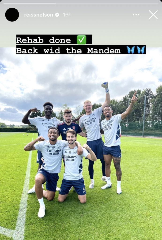 Reiss Nelson back in training via his Instagram story