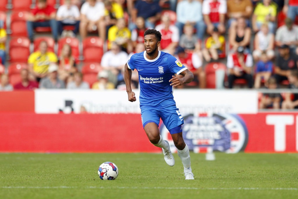 ROTHERHAM, ENGLAND - AUGUST 27: Auston Trusty of Birmingham City runs with the ball during the Sky Bet Championship between Rotherham United and Birmingham City at AESSEAL New York Stadium on August 27, 2022 in Rotherham, England. (Photo by Malcolm Couzens/Getty Images)