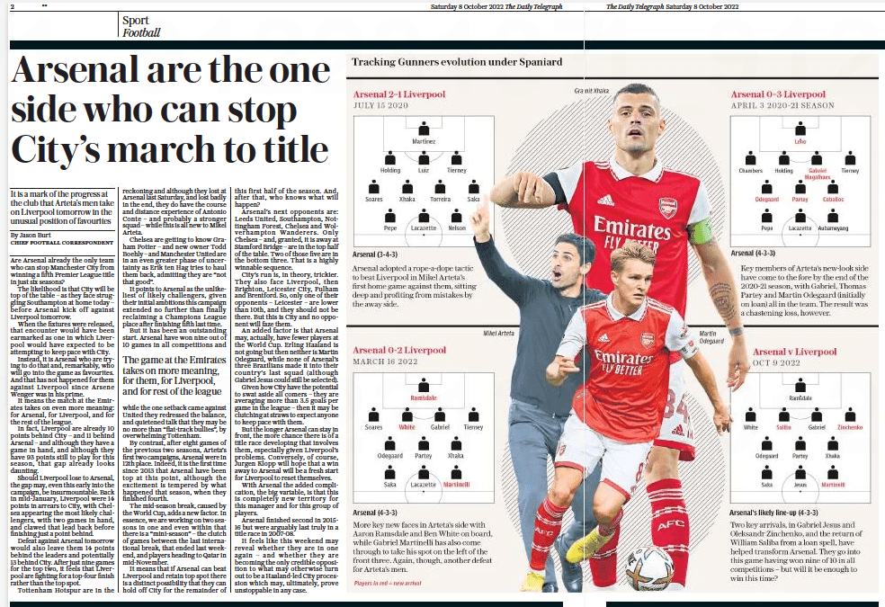 Arsenal are the one side who can stop City’s march to title It is a mark of the progress at the club that Arteta’s men take on Liverpool tomorrow in the unusual position of favourites The Daily Telegraph8 Oct 2022By Jason Burt CHIEF FOOTBALL CORRESPONDENT Are Arsenal already the only team who can stop Manchester City from winning a fifth Premier League title in just six seasons?  The likelihood is that City will be top of the table – as they face struggling Southampton at home today – before Arsenal kick off against Liverpool tomorrow.  When the fixtures were released, that encounter would have been earmarked as one in which Liverpool would have expected to be attempting to keep pace with City.  Instead, it is Arsenal who are trying to do that and, remarkably, who will go into the game as favourites. And that has not happened for them against Liverpool since Arsene Wenger was in his prime.  It means the match at the Emirates takes on even more meaning: for Arsenal, for Liverpool, and for the rest of the league.  In fact, Liverpool are already 10 points behind City – and 11 behind Arsenal – and although they have a game in hand, and although they have 93 points still to play for this season, that gap already looks daunting.  Should Liverpool lose to Arsenal, the gap may, even this early into the campaign, be insurmountable. Back in mid-january, Liverpool were 14 points in arrears to City, with Chelsea appearing the most likely challengers, with two games in hand, and clawed that lead back before finishing just a point behind.  Defeat against Arsenal tomorrow would also leave them 14 points behind the leaders and potentially 13 behind City. After just nine games for the top two, it feels that Liverpool are fighting for a top-four finish rather than the top spot.  Tottenham Hotspur are in the reckoning and although they lost at Arsenal last Saturday, and lost badly in the end, they do have the course and distance experience of Antonio Conte – and probably a stronger squad – while this is all new to Mikel Arteta.  Chelsea are getting to know Graham Potter – and new owner Todd Boehly – and Manchester United are in an even greater phase of uncertainty as Erik ten Hag tries to haul them back, admitting they are “not that good”.  It points to Arsenal as the unlikeliest of likely challengers, given their initial ambitions this campaign extended no further than finally reclaiming a Champions League place after finishing fifth last time.  But it has been an outstanding start. Arsenal have won nine out of 10 games in all competitions and while the one setback came against United they redressed the balance, and quietened talk that they may be no more than “flat-track bullies”, by overwhelming Tottenham.  By contrast, after eight games of the previous two seasons, Arteta’s first two campaigns, Arsenal were in 12th place. Indeed, it is the first time since 2013 that Arsenal have been top at this point, although the excitement is tempered by what happened that season, when they finished fourth.  The mid-season break, caused by the World Cup, adds a new factor. In essence, we are working on two seasons in one and even within that there is a “mini-season” – the clutch of games between the last international break, that ended last weekend, and players heading to Qatar in mid-november.  It means that if Arsenal can beat Liverpool and retain top spot there is a distinct possibility that they can hold off City for the remainder of this first half of the season. And, after that, who knows what will happen?  Arsenal’s next opponents are: Leeds United, Southampton, Nottingham Forest, Chelsea and Wolverhampton Wanderers. Only Chelsea – and, granted, it is away at Stamford Bridge – are in the top half of the table. Two of those five are in the bottom three. That is a highly winnable sequence.  City’s run is, in theory, trickier. They also face Liverpool, then Brighton, Leicester City, Fulham and Brentford. So, only one of their opponents – Leicester – are lower than 10th, and they should not be there. But this is City and no opponent will faze them.  An added factor is that Arsenal may, actually, have fewer players at the World Cup. Erling Haaland is not going but then neither is Martin Odegaard, while none of Arsenal’s three Brazilians made it into their country’s last squad (although Gabriel Jesus could still be selected).  Given how City have the potential to swat aside all comers – they are averaging more than 3.5 goals per game in the league – then it may be clutching at straws to expect anyone to keep pace with them.  But the longer Arsenal can stay in front, the more chance there is of a title race developing that involves them, especially given Liverpool’s problems. Conversely, of course, Jurgen Klopp will hope that a win away to Arsenal will be a fresh start for Liverpool to reset themselves.  With Arsenal the added complication, the big variable, is that this is completely new territory for this manager and for this group of players.  Arsenal finished second in 201516 but were arguably last truly in a title race in 2007-08.  It feels like this weekend may reveal whether they are in one again – and whether they are becoming the only credible opposition to what may otherwise turn out to be a Haaland-led City procession which may, ultimately, prove unstoppable in any case.  The game at the Emirates takes on more meaning, for them, for Liverpool, and for rest of the league
