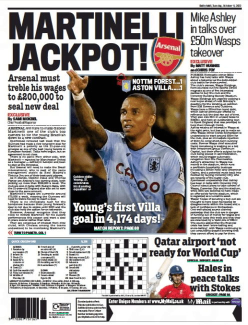 MARTINELLI JACKPOT! Arsenal must treble his wages to £200,000 to seal new deal Daily Mail11 Oct 2022By SAMI MOKBEL Chief Football Reporter AFP Looking ahead: Arteta ARSENAL will have to make Gabriel Martinelli one of the club’s top earners to tie the young Brazilian down to a new contract. Sportsmail revealed last week that the Gunners had made a new long-term deal for Martinelli a priority as the 21- year- old emerges as one of the best young talents in European football. Talks have begun, but an agreement is not close. There is no panic from either side, with Martinelli — rejected by Manchester United as a teenager — settled in London and keen to stay at the Emirates. But Arsenal will need to make the Brazil international, who is part of the same management stable as Real Madrid’s Vinicius Jnr, one of their best-paid players. As it stands, Gabriel Jesus and Thomas Partey are Arsenal’s top earning stars, both picking up more than £200,000 a week. The club are also in talks with Bukayo Saka, with the 21-year-old England star also set to earn close to the same amount. Martinelli’s wages are currently around £70,000 a week, meaning the Gunners will need to treble his pay to reach a deal. There is no immediate rush for the Londoners because their young forward’s deal is not due to expire until 2024 and the club also hold the option for an extension. However, Arsenal recognise that they need to reward Martinelli for his superb performances this season and want a deal in place sooner rather than later. They are conscious of interest from rival clubs, with Chelsea among the teams understood to be monitoring Martinelli’s performances closely. For now, however, Martinelli is fully focused on the season with Mikel Arteta’s Premier League leaders and breaking into Tite’s squad for next month’s World Cup. Martinelli has three international caps, but competition for attacking places in the Brazil squad is fierce with the likes of Neymar, Vinicius Jnr, Richarlison, Antony and Raphinha vying for slots. However, if he continues in his current form Tite will find him difficult to ignore. Speaking after Sunday’s pulsating 3-2 win over Liverpool, in which Martinelli scored and made another, the South American insisted he wants to remain at the Emirates Stadium. ‘Of course, I want to stay. We are talking. Let’s see what is going to happen, but I want to stay, of course,’ he said. ‘I think it’s my best season here at Arsenal. I’m so happy for this moment.’