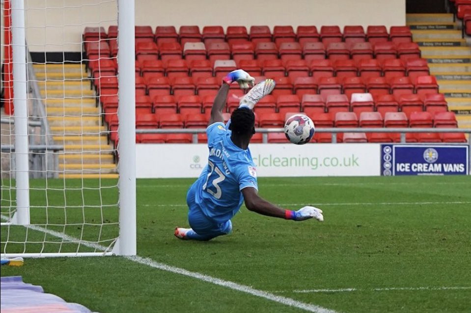 Arthur Okonkwo saves a penalty for Crewe Alexandra (Photo via Crewe Alexandra on Twitter)