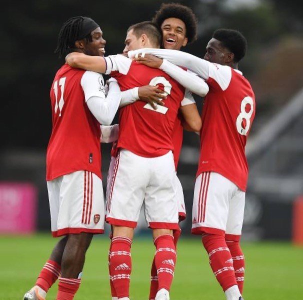 Joel Ideho (L) celebrating a goal with the Arsenal u21s (Photo via Ideho on Instagram)