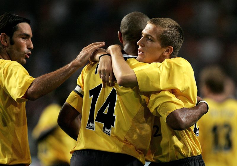 AMSTERDAM, HOLLAND - JULY 29 : Arturo Lupoli of Arsenal celebrates scoring the winning goal with Thierry Henry during the LG Amsterdam Tournament friendly match between Ajax and Arsenal at The Amsterdam Arena on July 29, 2005 in Amsterdam, Holland. (Photo by Clive Brunskill/Getty Images)