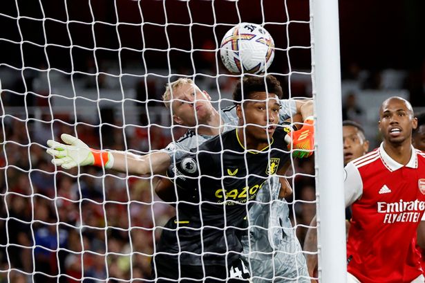Aaron Ramsdale is fouled as Douglas Luiz's corner goes straight in. The goal was allowed to stand (image via Daily Star/Reuters)