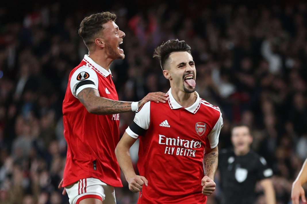 LONDON, ENGLAND - OCTOBER 06: Fabio Viera celebrates with Ben White of Arsenal after scoring their team's third goal during the UEFA Europa League group A match between Arsenal FC and FK Bodo/Glimt at Emirates Stadium on October 06, 2022 in London, England. (Photo by Richard Heathcote/Getty Images)
