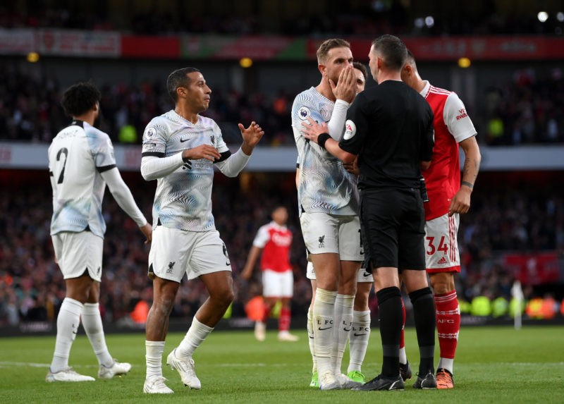 LONDON, ENGLAND - OCTOBER 09: Jordan Henderson of Liverpool reacts after Referee Michael Oliver gave a penalty to Arsenal during the Premier League match between Arsenal FC and Liverpool FC at Emirates Stadium on October 09, 2022 in London, England. (Photo by Shaun Botterill/Getty Images)