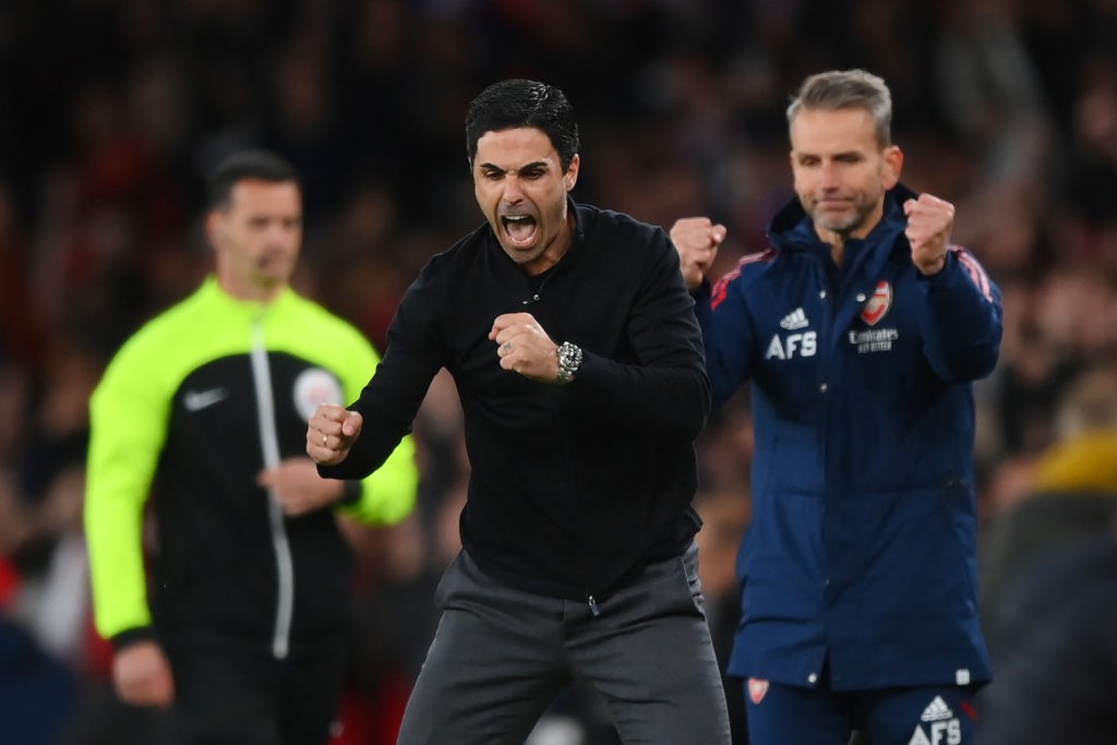 LONDON, ENGLAND - OCTOBER 09: Mikel Arteta, Manager of Arsenal celebrates after their sides victory during the Premier League match between Arsenal FC and Liverpool FC at Emirates Stadium on October 09, 2022 in London, England. (Photo by Shaun Botterill/Getty Images)