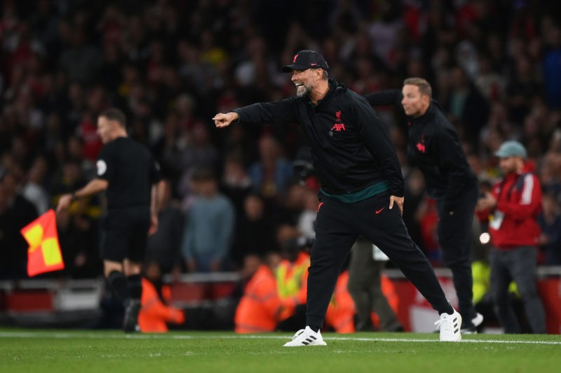 LONDON, ENGLAND - OCTOBER 09: Juergen Klopp, Manager of Liverpool reacts during the Premier League match between Arsenal FC and Liverpool FC at Emirates Stadium on October 09, 2022 in London, England. (Photo by Shaun Botterill/Getty Images)