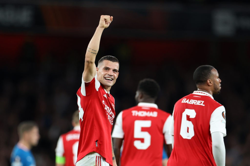 LONDON, ENGLAND - OCTOBER 20: Granit Xhaka of Arsenal celebrates after scoring their side's first goal during the UEFA Europa League group A match between Arsenal FC and PSV Eindhoven at Emirates Stadium on October 20, 2022 in London, England. (Photo by Catherine Ivill/Getty Images)