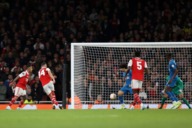 LONDON, ENGLAND - OCTOBER 20: Granit Xhaka of Arsenal scores their side's first goal during the UEFA Europa League group A match between Arsenal FC and PSV Eindhoven at Emirates Stadium on October 20, 2022 in London, England. (Photo by Julian Finney/Getty Images)