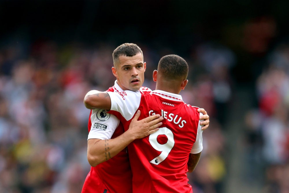 LONDON, ENGLAND: Granit Xhaka of Arsenal interacts with Gabriel Jesus of Arsenal after being substituted during the Premier League match between Arsenal FC and Tottenham Hotspur at Emirates Stadium on October 01, 2022. (Photo by Catherine Ivill/Getty Images)