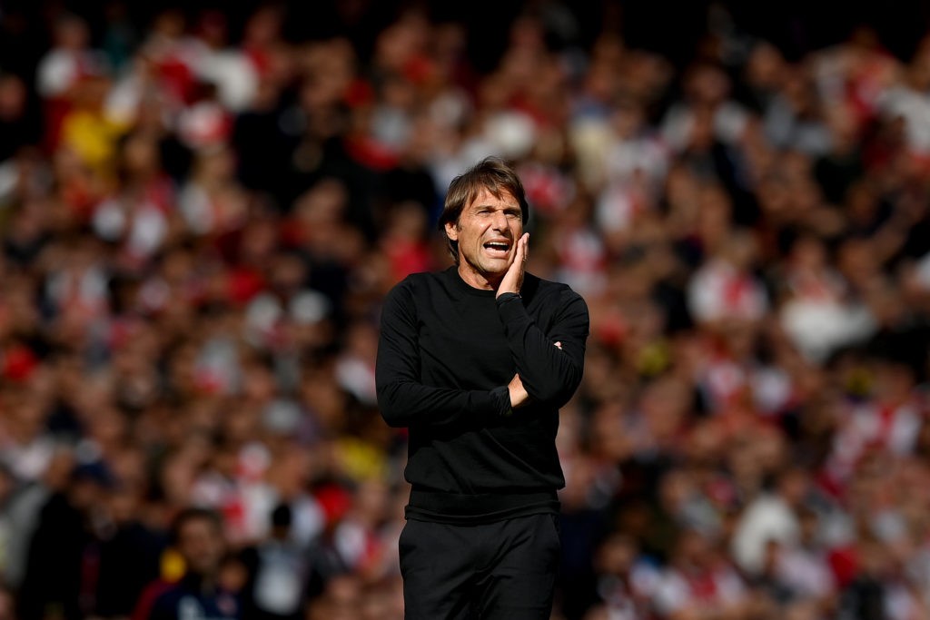 LONDON, ENGLAND - OCTOBER 01: Antonio Conte, Manager of Tottenham Hotspur reacts during the Premier League match between Arsenal FC and Tottenham Hotspur at Emirates Stadium on October 01, 2022 in London, England. (Photo by Shaun Botterill/Getty Images)