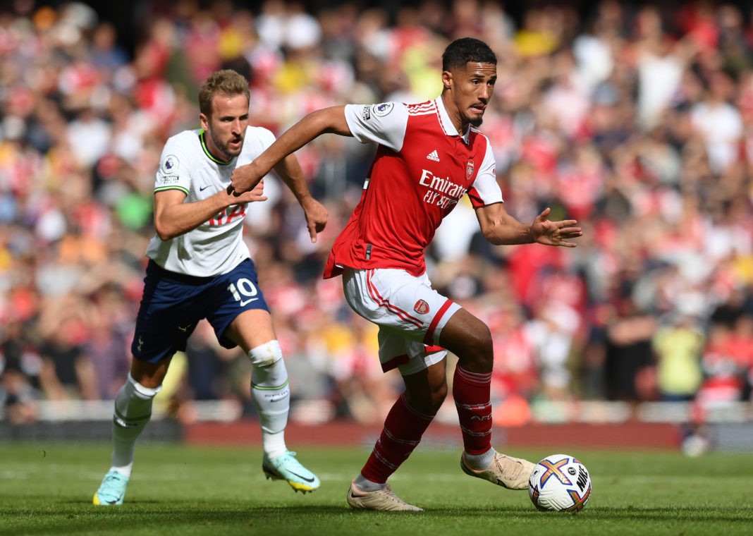 LONDON, ENGLAND: William Saliba of Arsenal runs breaks away from Harry Kane of Tottenham Hotspur during the Premier League match between Arsenal FC and Tottenham Hotspur at Emirates Stadium on October 01, 2022 in London, England. (Photo by Shaun Botterill/Getty Images)