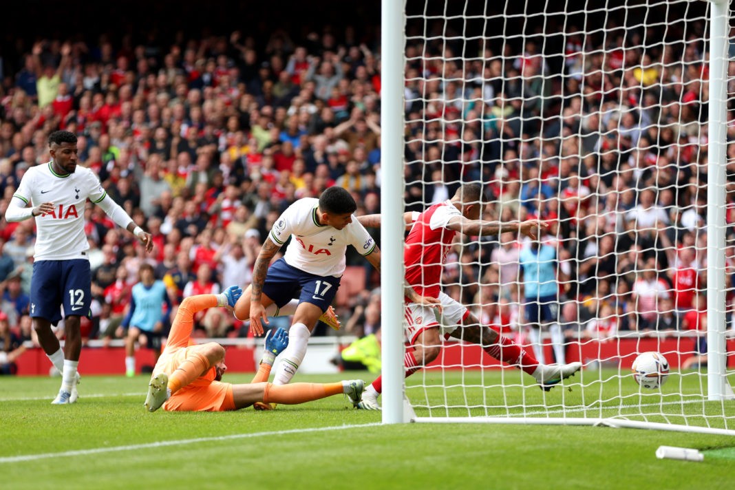 LONDON, ENGLAND: Gabriel Jesus of Arsenal scores his side's second goal during the Premier League match between Arsenal FC and Tottenham Hotspur at Emirates Stadium on October 01, 2022. (Photo by Catherine Ivill/Getty Images)