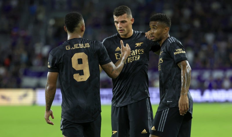 ORLANDO, FLORIDA - JULY 20: Gabriel Jesus #9, Granit Xhaka #34, and Reiss Nelson #4 of Arsenal celebrate winning a Florida Cup friendly against the Orlando City at Exploria Stadium on July 20, 2022 in Orlando, Florida. (Photo by Mike Ehrmann/Getty Images)