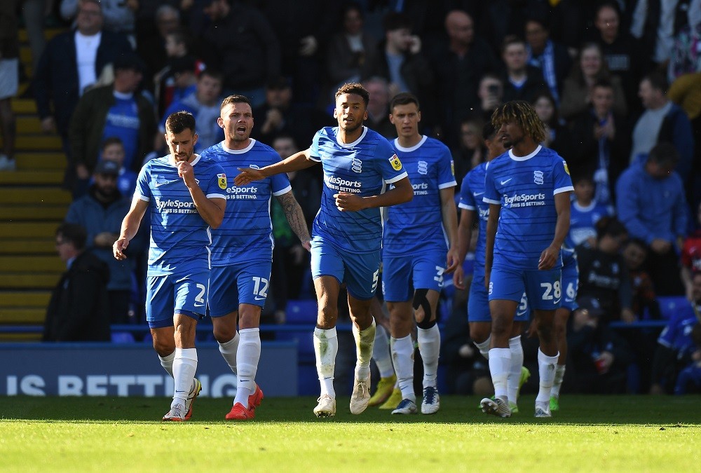 BIRMINGHAM, ENGLAND: Auston Trusty of Birmingham City celebrates scoring their second goal of the match during the Sky Bet Championship between Birmingham City and Bristol City at St Andrews (stadium) on October 08, 2022. (Photo by Tony Marshall/Getty Images)