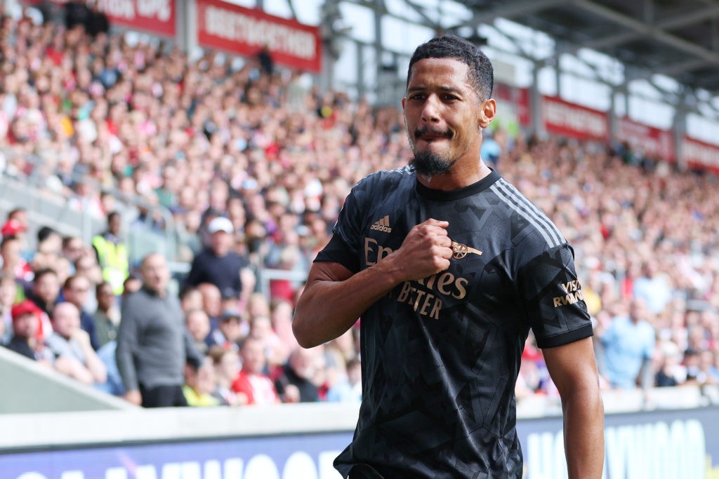 BRENTFORD, ENGLAND - SEPTEMBER 18: William Saliba of Arsenal celebrates after scoring their side's first goal during the Premier League match between Brentford FC and Arsenal FC at Brentford Community Stadium on September 18, 2022 in Brentford, England. (Photo by Richard Heathcote/Getty Images)