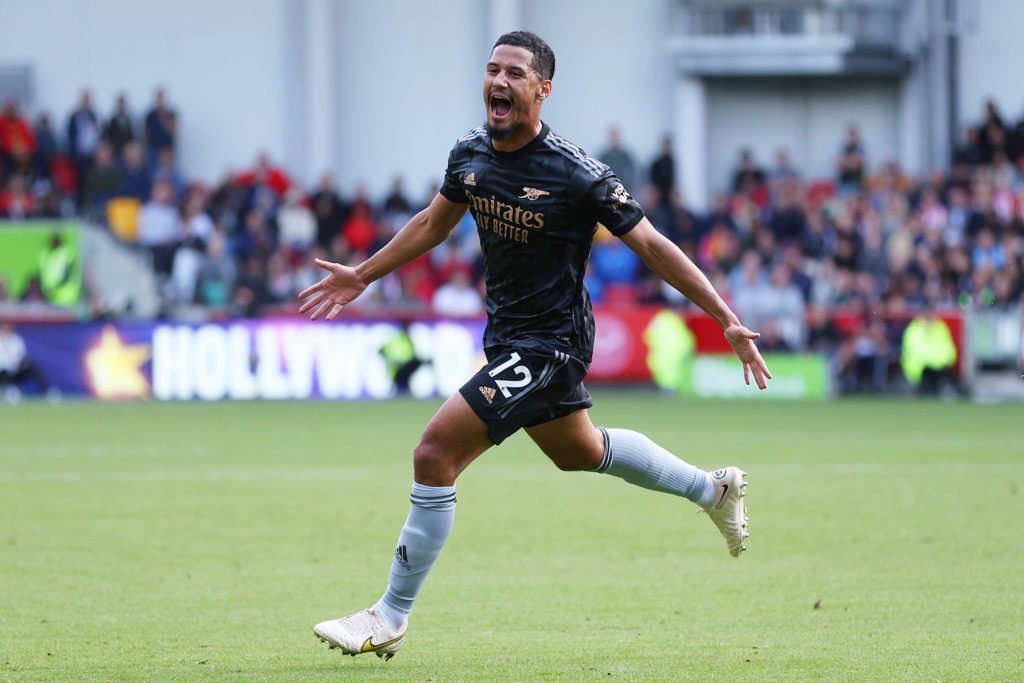 BRENTFORD, ENGLAND - SEPTEMBER 18: William Saliba of Arsenal celebrates after scoring their side's first goal during the Premier League match between Brentford FC and Arsenal FC at Brentford Community Stadium on September 18, 2022 in Brentford, England. (Photo by Richard Heathcote/Getty Images)