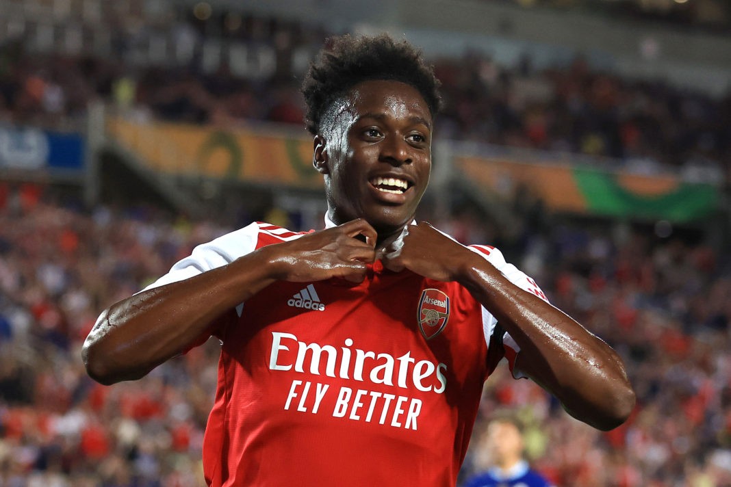 ORLANDO, FLORIDA - JULY 23: Albert Sambi Lokonga of Arsenal celebrates after scoring their side's fourth goal during the Florida Cup match between Chelsea and Arsenal at Camping World Stadium on July 23, 2022 in Orlando, Florida. (Photo by Sam Greenwood/Getty Images)