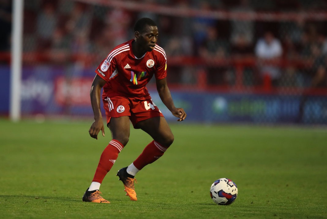 CRAWLEY, ENGLAND: Mazeed Ogungbo of Crawley Town in action during the Sky Bet League Two between Crawley Town and Northampton Town at Broadfield Stadium on August 16, 2022. (Photo by Pete Norton/Getty Images)