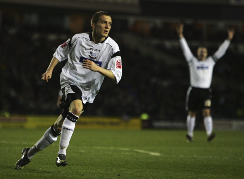 DERBY, UNITED KINGDOM - MARCH 02: Arturo Lupoli of Derby County turns to celebrate after scoring during the Coca Cola Championship game between Derby County and Colchester United at Pride Park on March 2, 2007 in Derby, England. (Photo by Bryn Lennon/Getty Images)