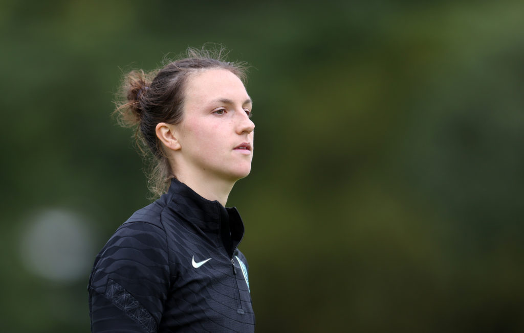 TEDDINGTON, ENGLAND - OCTOBER 04: Lotte Wubben-Moy of England looks on during an England Women Training Session at The Lensbury on October 04, 2022 in Teddington, England. (Photo by Catherine Ivill/Getty Images)