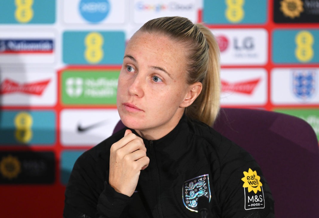 TEDDINGTON, ENGLAND - OCTOBER 06: Beth Mead of England looks on as they are interviewed during an England Women Training Session & Press Conference at The Lensbury on October 06, 2022 in Teddington, England. (Photo by Mike Hewitt/Getty Images)