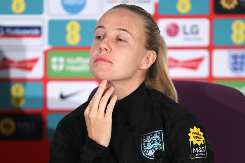 TEDDINGTON, ENGLAND - OCTOBER 06: Beth Mead of England looks on as they are interviewed during an England Women Training Session & Press Conference at The Lensbury on October 06, 2022 in Teddington, England. (Photo by Mike Hewitt/Getty Images)